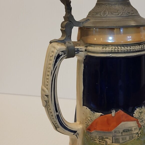 Vintage German Beer Stein Pewter Lid 8.5 in Tall Hand Painted Couple 0.5 L - Picture 5 of 16